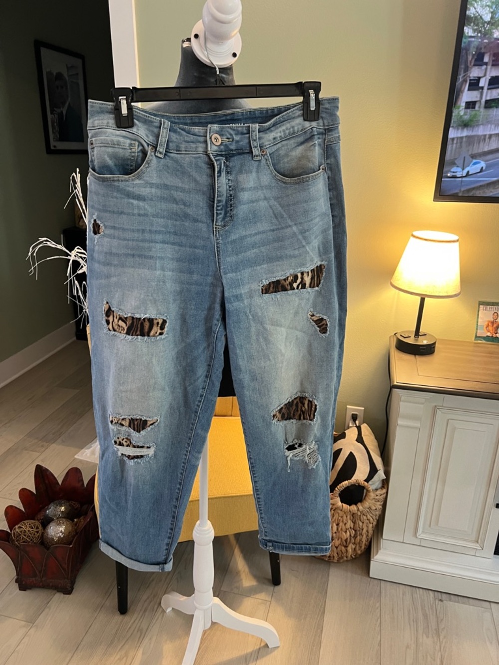 Light Blue Distressed Women's Jeans with Leopard Patch Detail